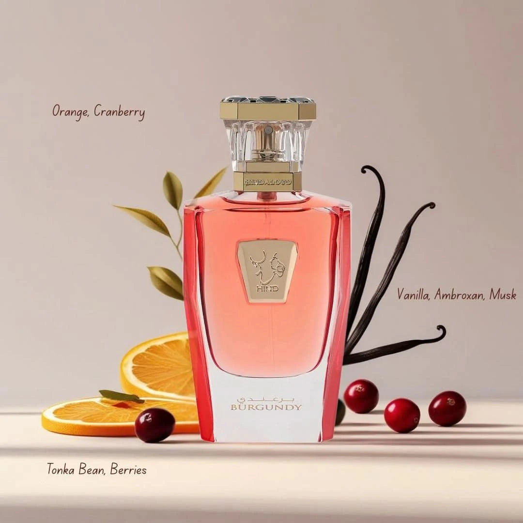 Burgundy Hind Al Oud Eau de Parfum spray bottle, 50ml (1.7 oz), with elegant packaging and a luxurious fragrance design.