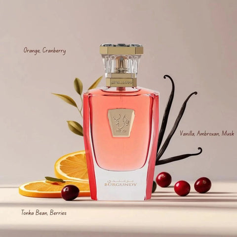 Burgundy Hind Al Oud Eau de Parfum spray bottle, 50ml (1.7 oz), with elegant packaging and a luxurious fragrance design.