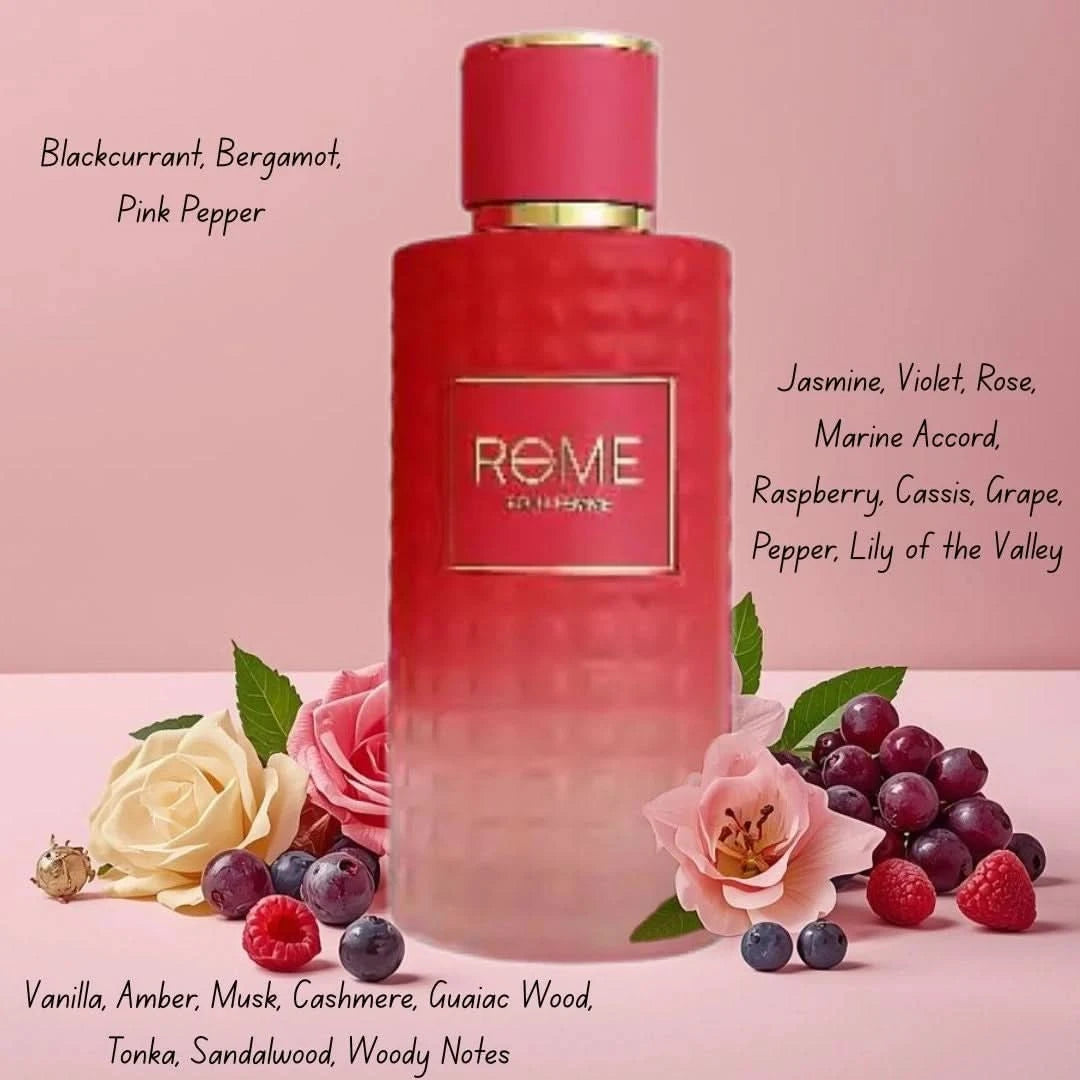 Rome Pour Femme Eau De Parfum Spray by Mast Perfume, 100ml bottle with elegant design and floral fragrance accents.