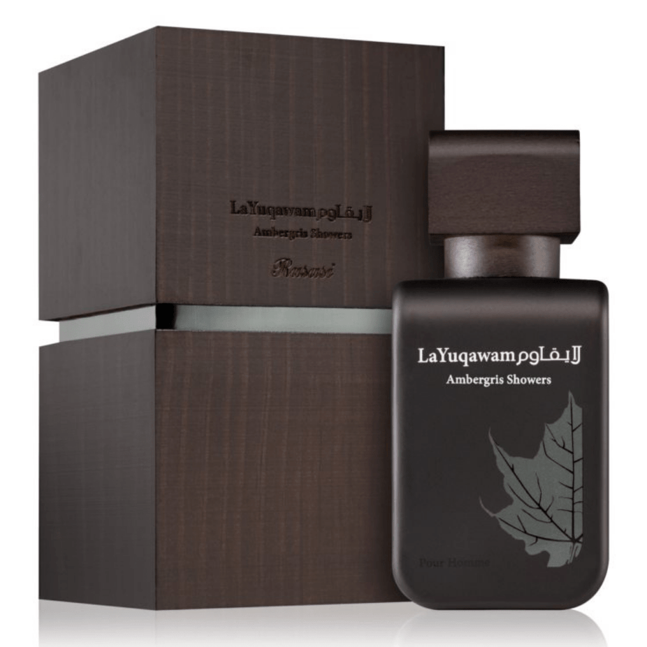 Rasasi La Yuqawam Ambregris Eau de Parfum spray bottle, 75ml, with elegant packaging and luxurious fragrance design.
