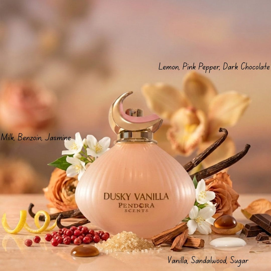 Dusky Vanilla Eau de Parfum spray by Paris Corner, 100ml bottle with elegant packaging and a vanilla scent.