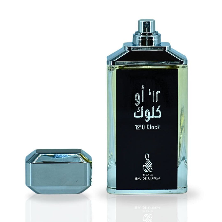 Risala 12 O'Clock Eau de Parfum spray bottle, 100ml (3.4 oz), elegant fragrance bottle with a sleek design.