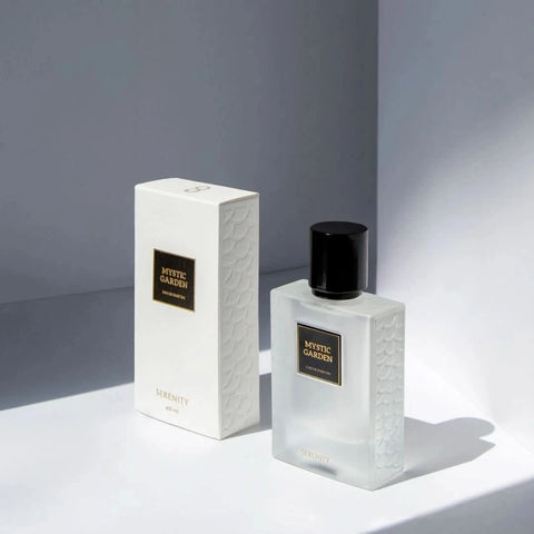 Serenity Mystic Garden Eau de Parfum spray bottle, 50ml, featuring elegant floral and herbal design on the packaging.