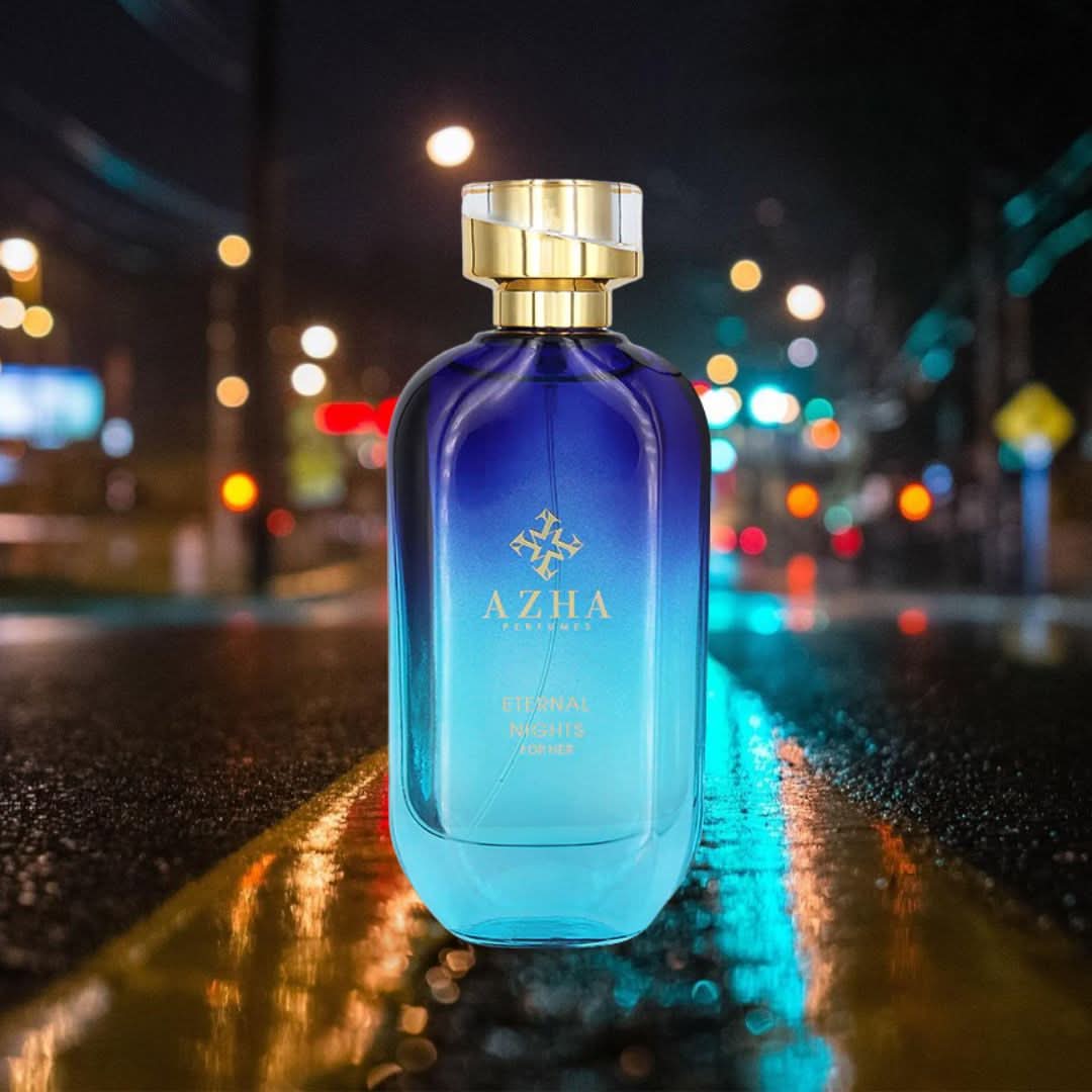 AZHA Mountaineer for Him and Eternal Nights for Her 100ml perfume spray bundle, showcasing elegant bottles with sleek designs.