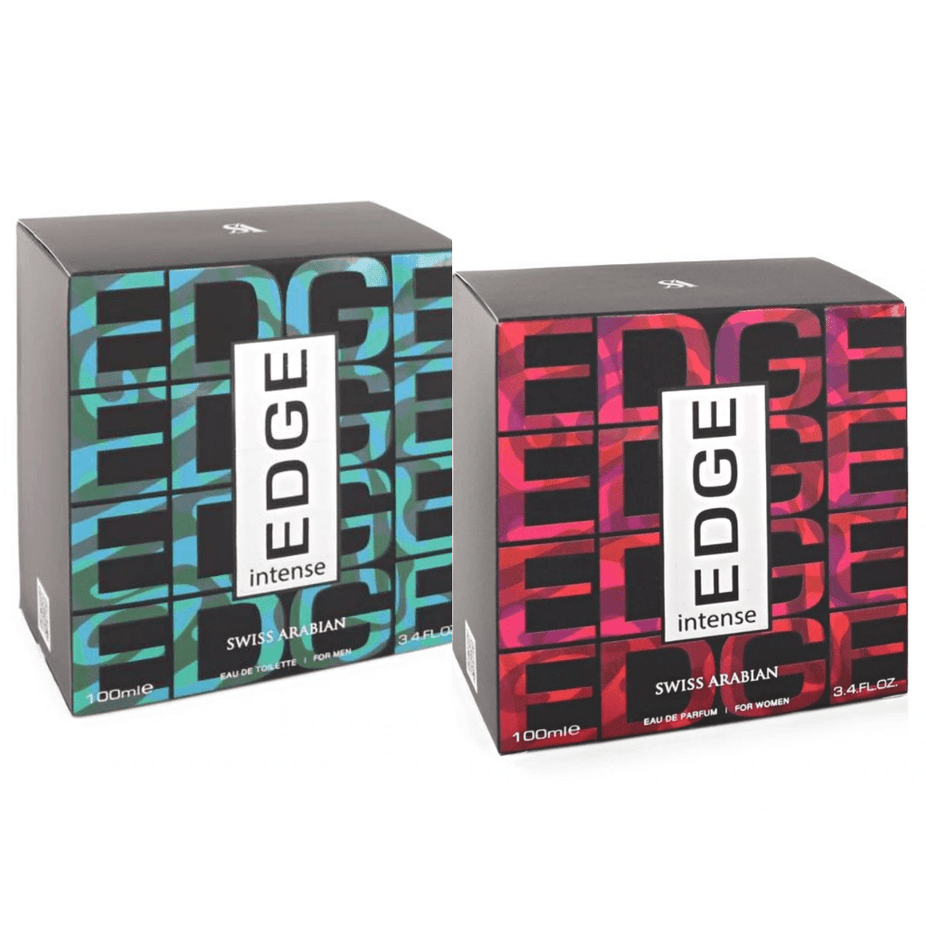 Swiss Arabian Edge Intense Couple Set Eau De Parfum bottles for men and women, 100 ML, with sleek packaging and elegant design.