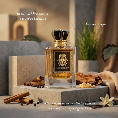 Autobiography Supreme Gold Eau de Parfum spray by Paris Corner, 65ml bottle with gold accents and elegant packaging.