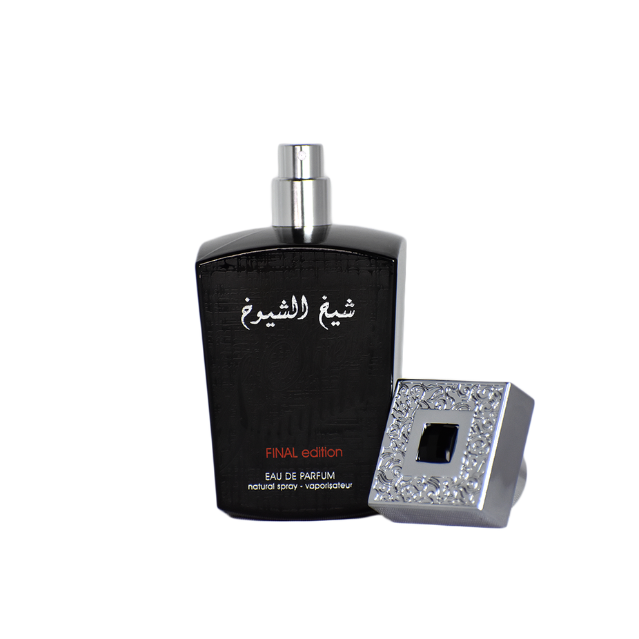Lattafa Sheikh Al Shuyukh Final Edition Eau de Parfum spray 100ml with elegant black bottle and gold accents.