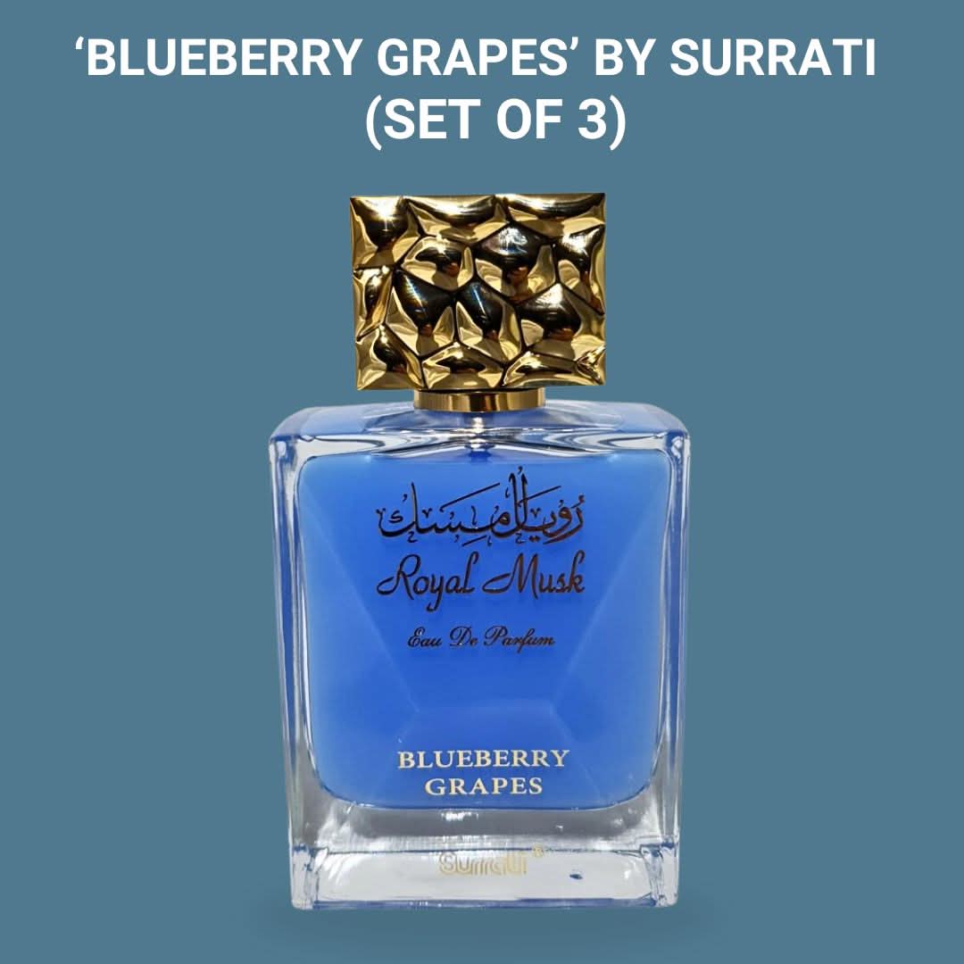 Surrati Royal Musk Blueberry Grapes Eau de Parfum spray, 100ml, in a value pack of three bottles showing the perfume bottles.