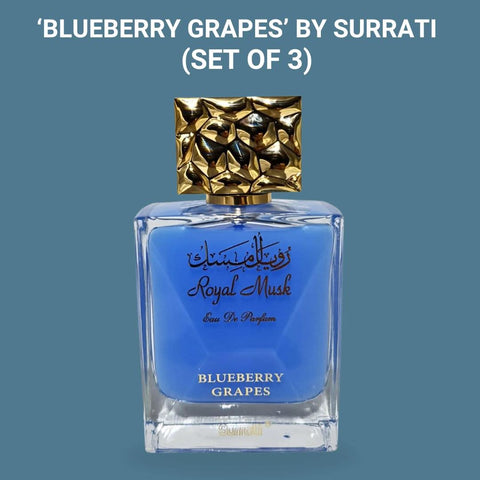 Surrati Royal Musk Blueberry Grapes Eau de Parfum spray, 100ml, in a value pack of three bottles showing the perfume bottles.