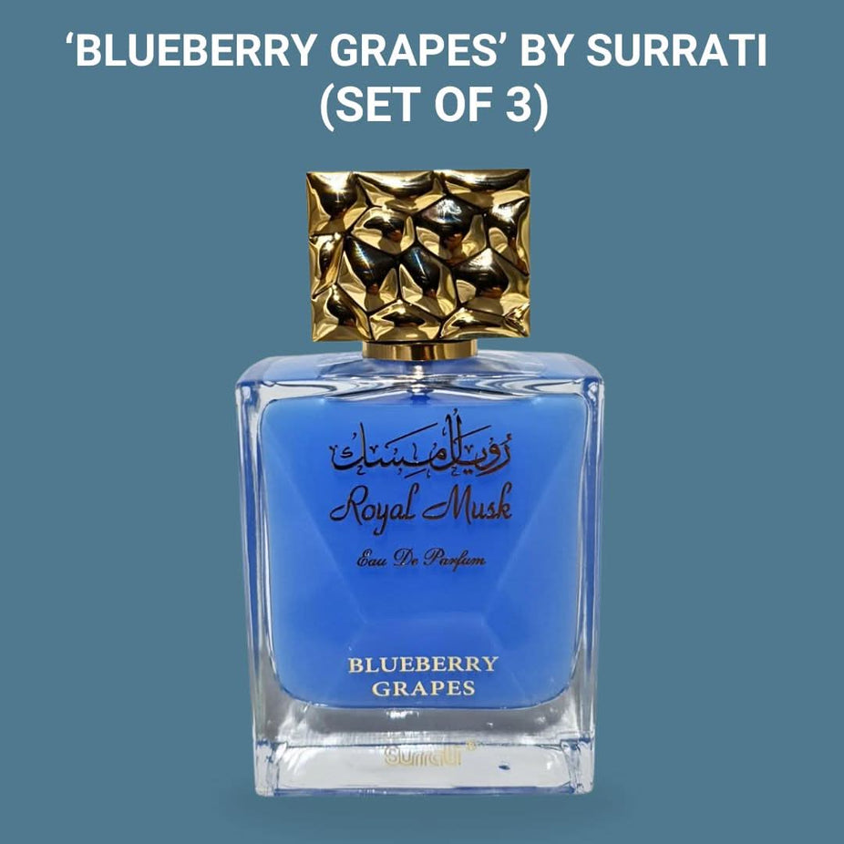 Surrati Royal Musk Blueberry Grapes Eau de Parfum spray in 100ml bottles, packed in a value pack, with elegant bottle design.