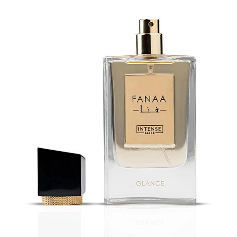 Intense Elite Fanaa Glance women’s 100ml Eau De Parfum spray with velvet pouch, featuring an elegant perfume bottle and cap.