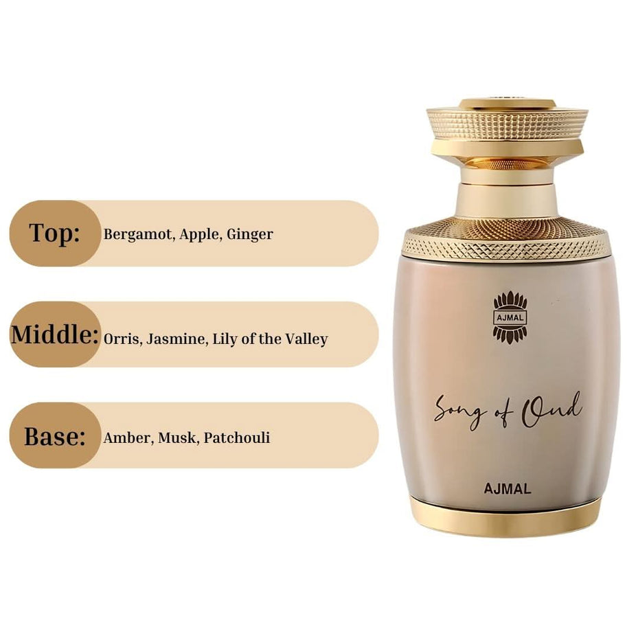 Ajmal Song of Oud EDP perfume spray 75ML, featuring floral and luxurious scent with elegant bottle design.