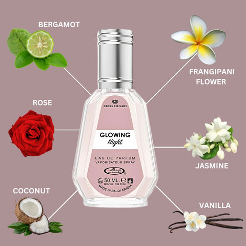 Glowing Night Eau De Parfum Spray 50ML (1.7 OZ) By Al Rehab | A Tropical Bloom Wrapped In Creamy Vanilla & Coconut, Perfect For Those Who Desire A Sweet & Exotic Floral Escape. - Intense Oud