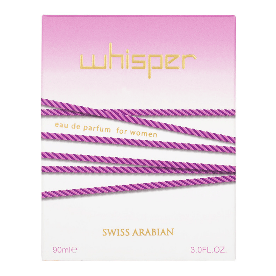 Swiss Arabian Whisper for Women Eau De Parfum 90ml bottle, elegant floral fragrance with gold cap and sleek packaging.