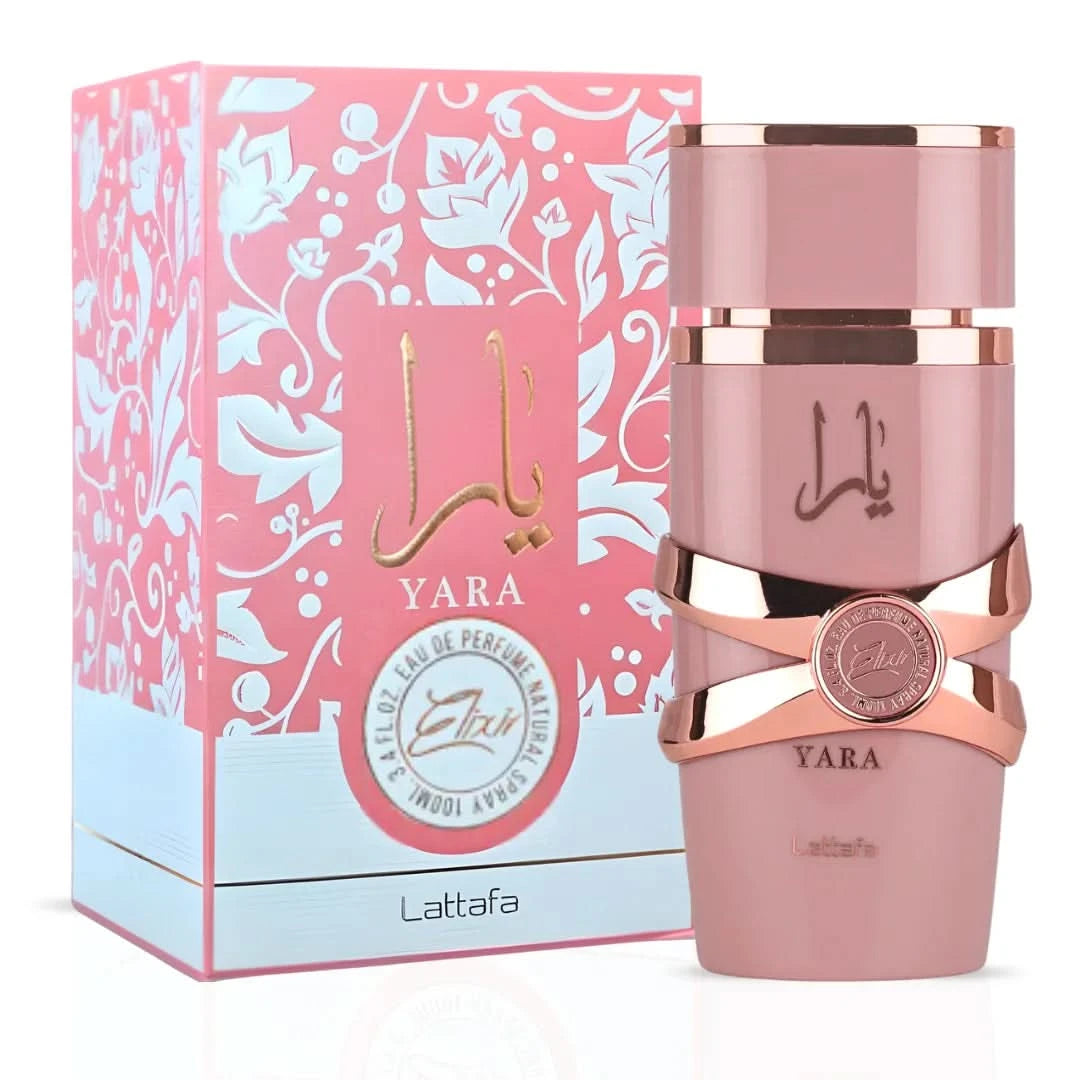 Lattafa perfume bundle with Raneen Eau de Parfum Spray 80ml and Yara Elixir Eau de Parfum Spray 100ml, featuring elegant bottles.