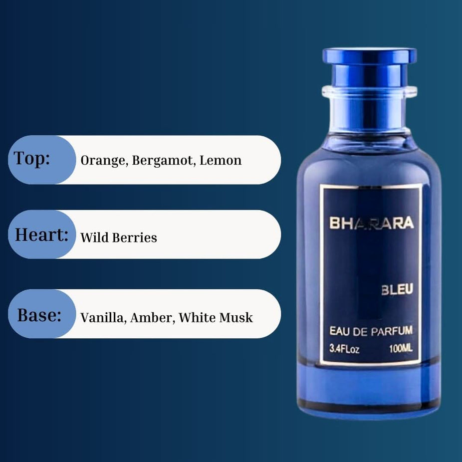 Bharara Bleu Pour Homme Eau de Parfum spray bottle, 100ml, with sleek blue packaging and elegant branding.