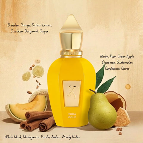 Xerjoff Erba Gold Eau de Parfum spray 100ml bottle, elegant packaging with a gold cap and intricate design details.