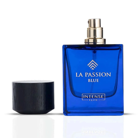 Intense Elite La Passion Blue for Men Eau De Parfum spray in 100ml bottle, with velvet pouch, showcasing sleek packaging.
