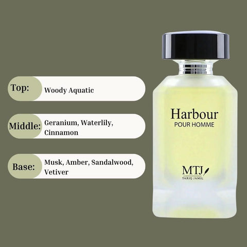 MTJ Harbour Pour Homme EDP spray 100ml featuring floral, spicy, aquatic, woody notes in a sleek perfume bottle.