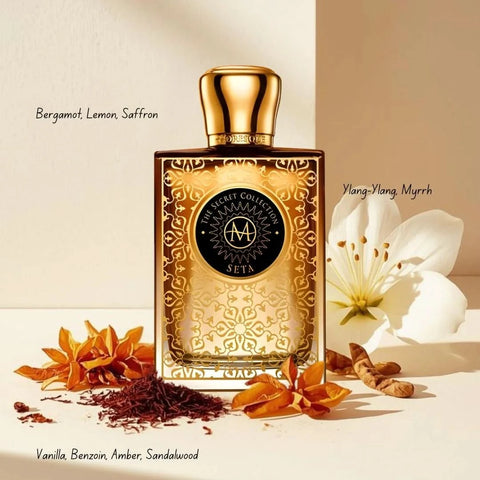 Moresque Seta Parfum Eau de Parfum spray bottle, 75ml, with elegant packaging and a sleek perfume bottle design.