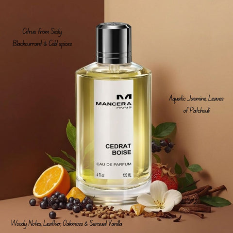 Mancera Cedrat Boise Eau de Parfum spray bottle, 120ml, featuring elegant packaging with the fragrance in a sleek glass bottle.
