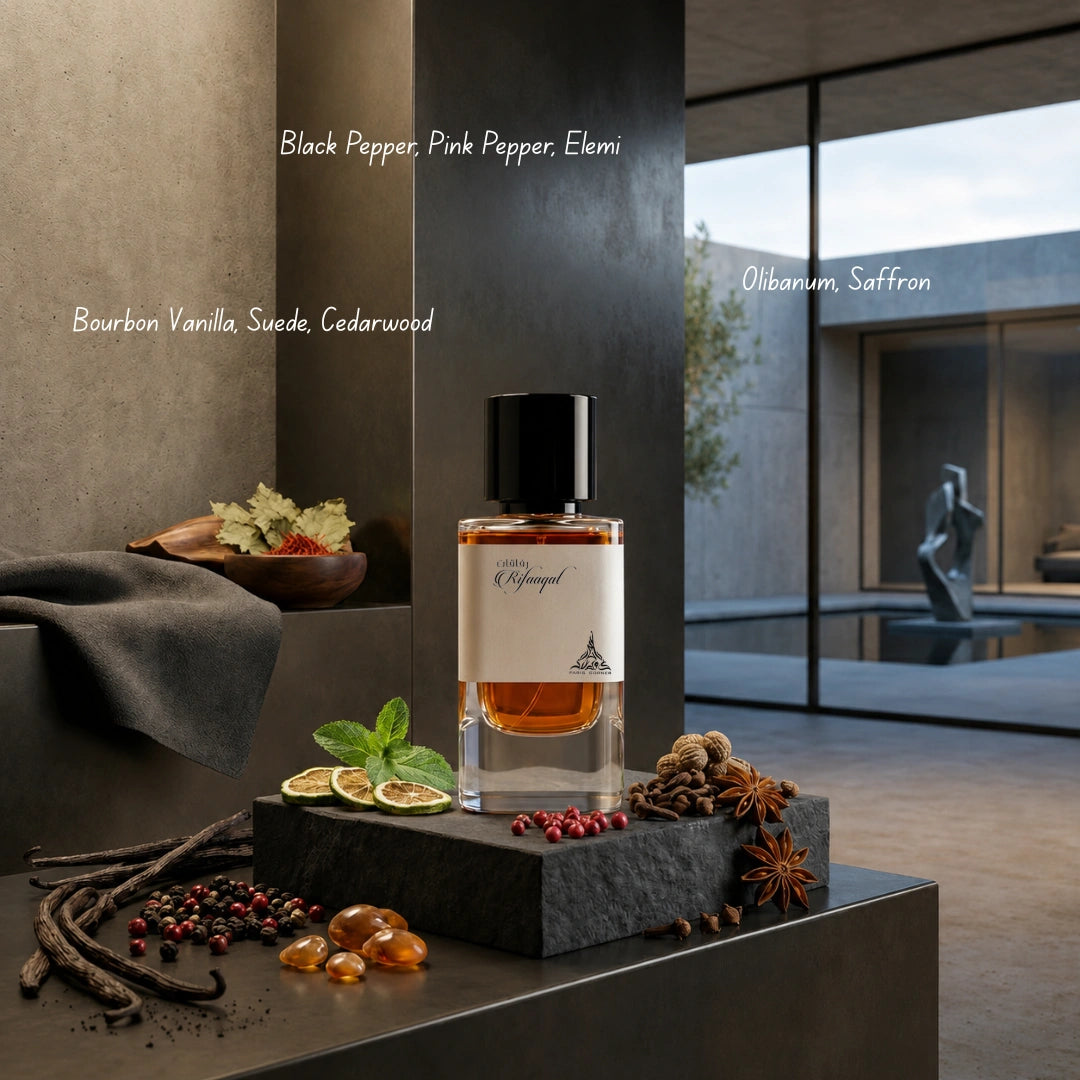 Paris Corner Rifaaqat Eau de Parfum spray bottle, 80ml, with elegant packaging and fragrance details visible in the image.