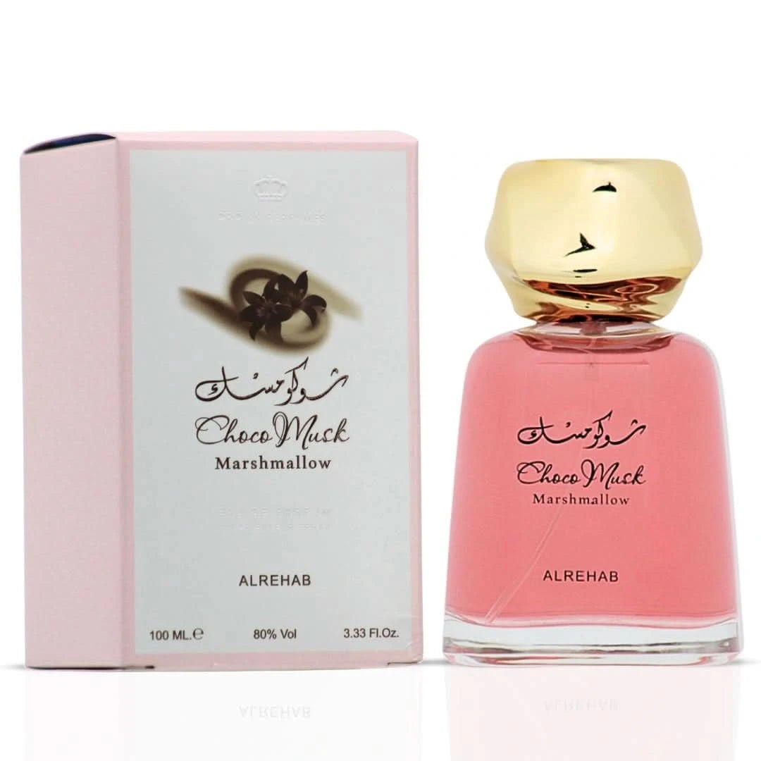 Al Rehab Choco Musk Pistachio and Marshmallow Eau de Parfum bundle with two 100ml spray bottles, featuring luxurious, sweet fragrance designs.