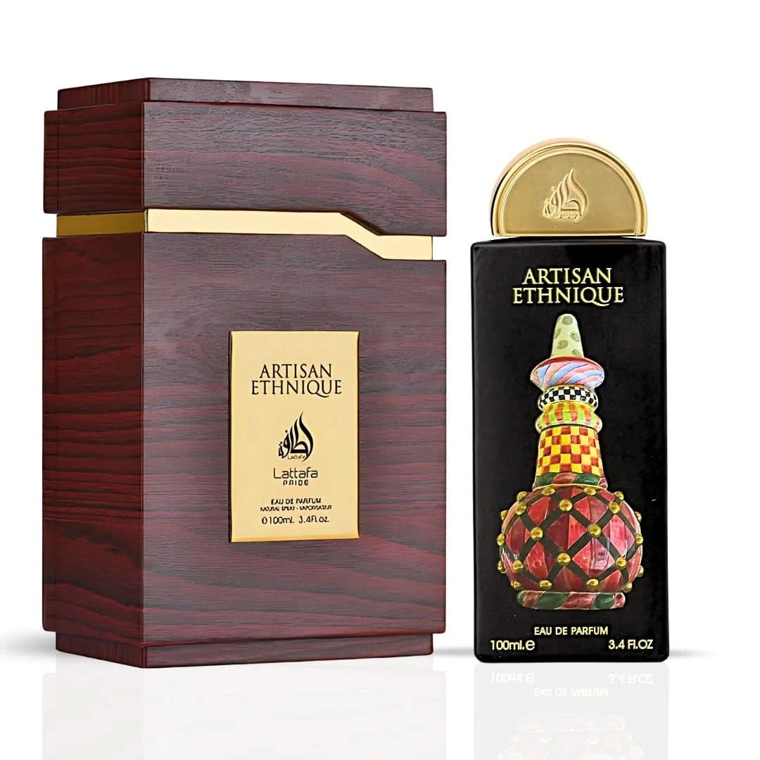 Bundle of Lattafa Pista Kunafa and Artisan Ethnique Eau de Parfum sprays, 100ml bottles, featuring elegant perfume packaging.