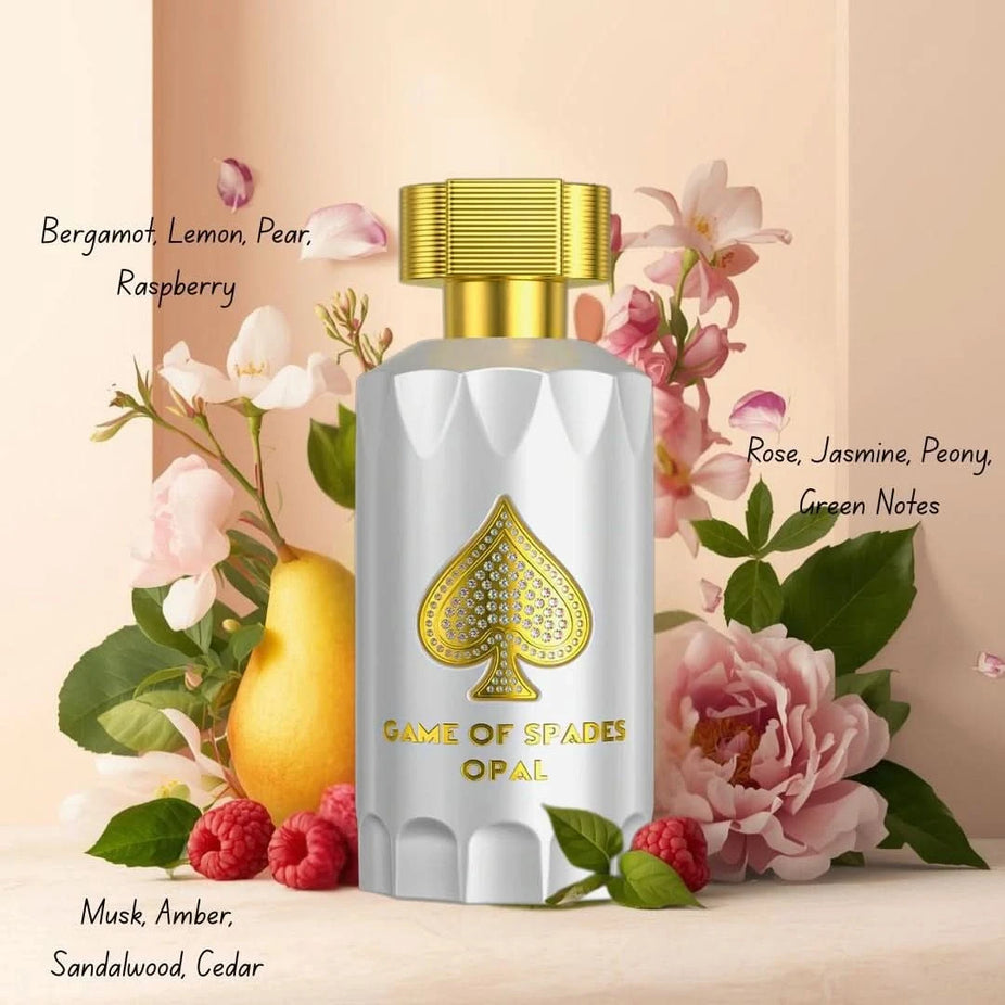 Jo Milano Paris Game of Spades Opal Eau de Parfum spray bottle, 90ml, with elegant packaging and purple accents.