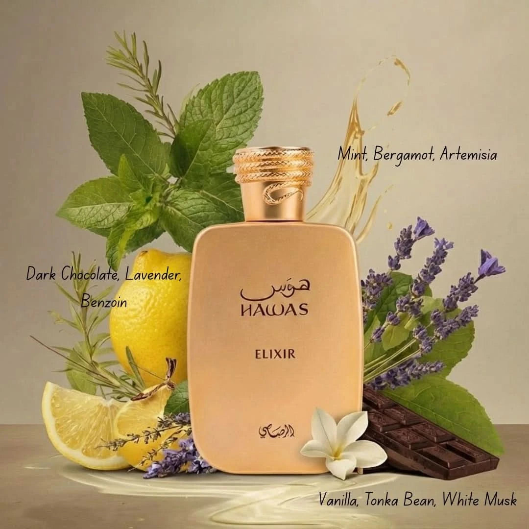 Rasasi Hawas Elixir Eau de Parfum spray bottle, 100ml, with elegant packaging and branding visible.
