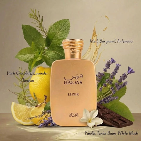 Rasasi Hawas Elixir Eau de Parfum spray bottle, 100ml, with elegant packaging and branding visible.