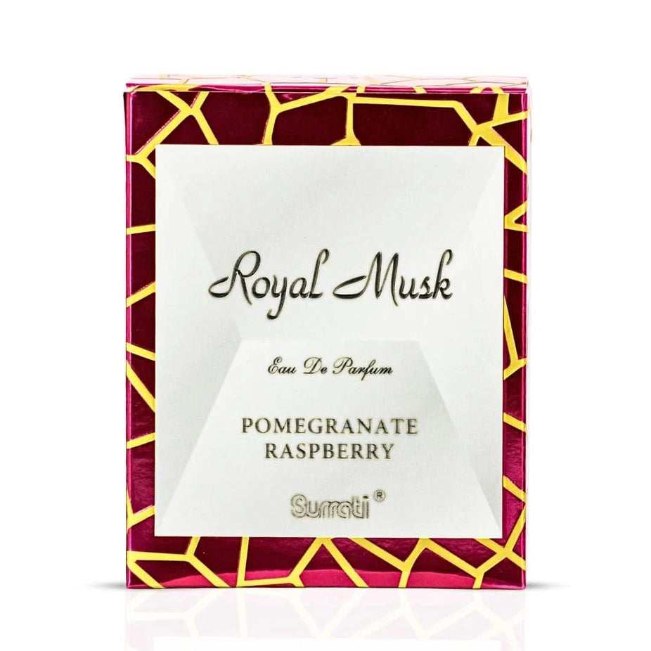Surrati Royal Musk Pomegranate Raspberry Eau de Parfum spray 100ml with a sleek bottle featuring pomegranate, raspberry, and musk notes.