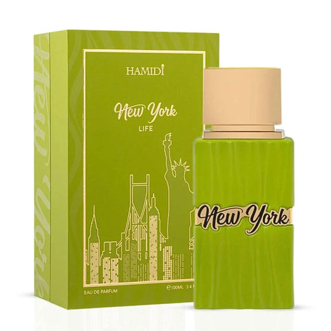 Lattafa perfume bundle including Yara Elixir, New York Life by Hamidi, and Eclaire Pistache Eau de Parfum sprays 100ml.