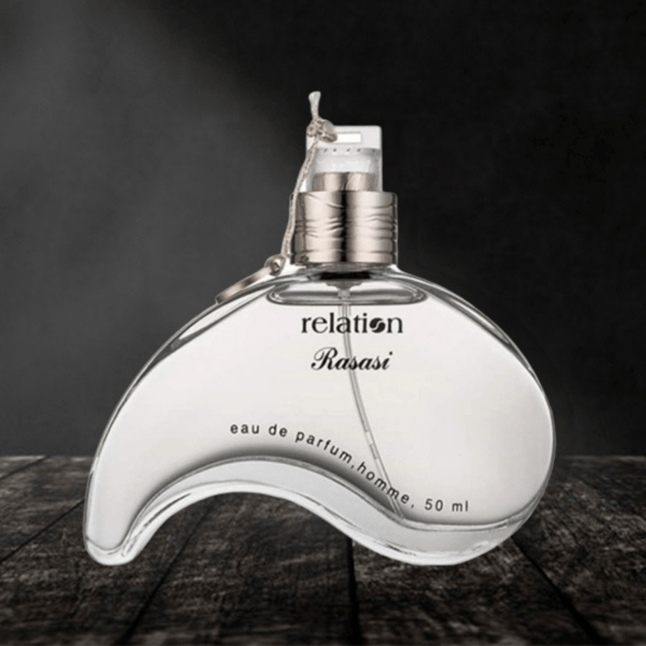Rasasi Relation for Men Eau de Parfum 50ml with sleek bottle and elegant design, showcasing the men's fragrance.