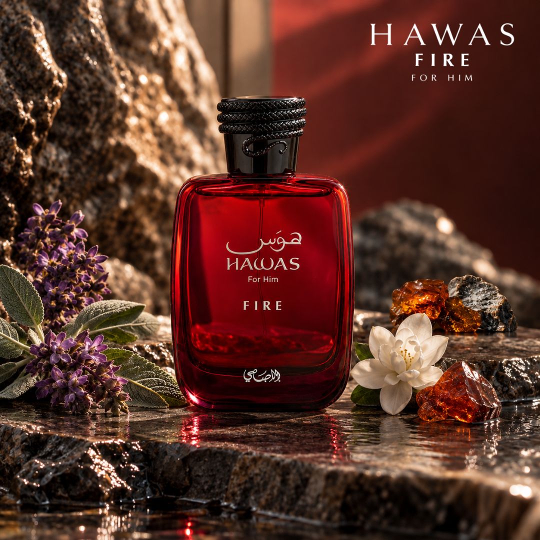 Bundle of Rasasi Hawas For Men Eau de Parfum sprays including Ice, Fire, Sapphire, and Boa, each 100ml bottles.