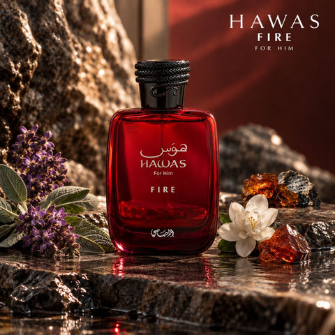 Bundle of Rasasi Hawas For Men Eau de Parfum sprays including Ice, Fire, Sapphire, and Boa, each 100ml bottles.