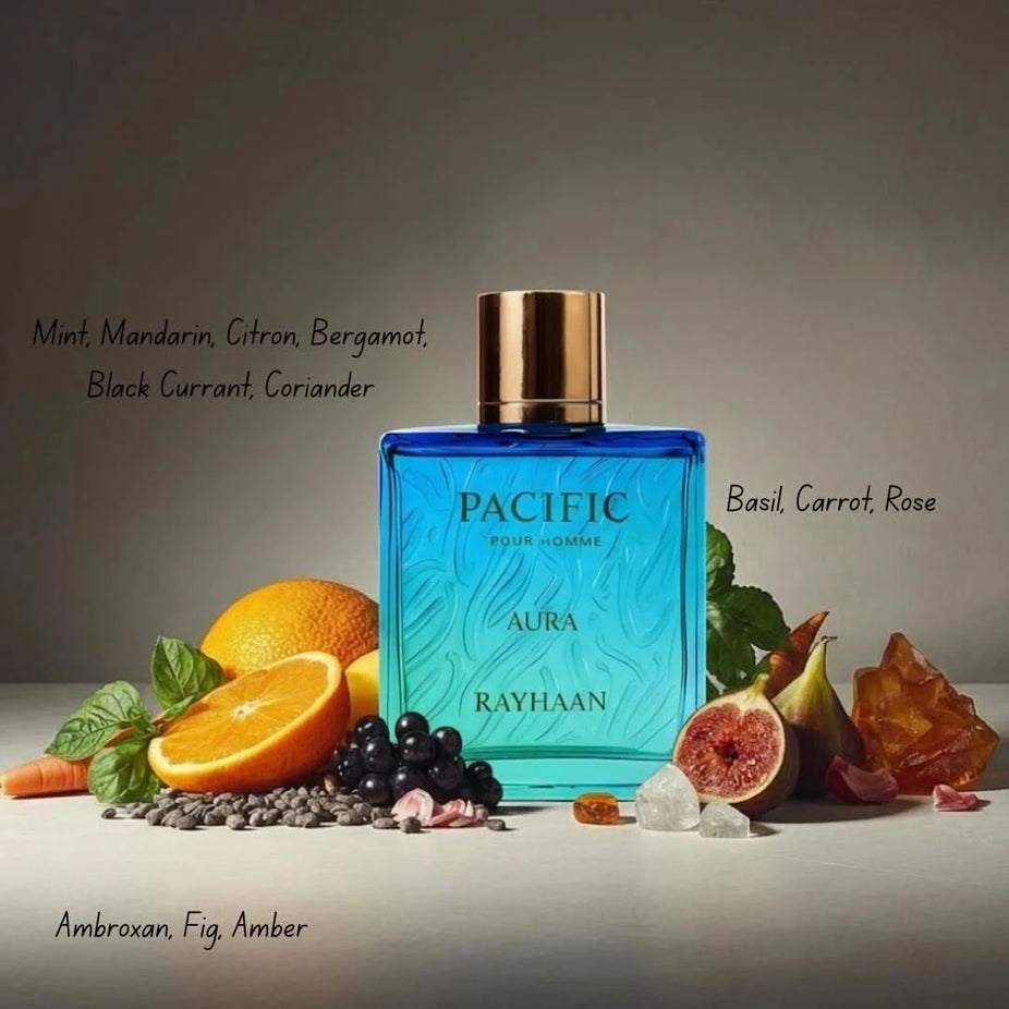 Rayhaan Pacific Aura Eau de Parfum spray bottle, 100ml, sleek design with elegant packaging.