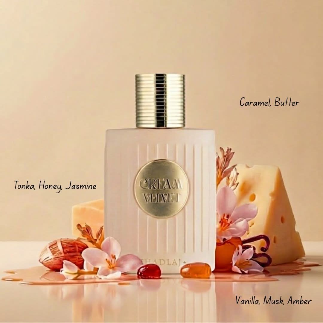 Cream Velvet Eau de Parfum spray by Khadlaj in a velvet pouch, 100ml, featuring a luxurious perfume bottle with elegant design.