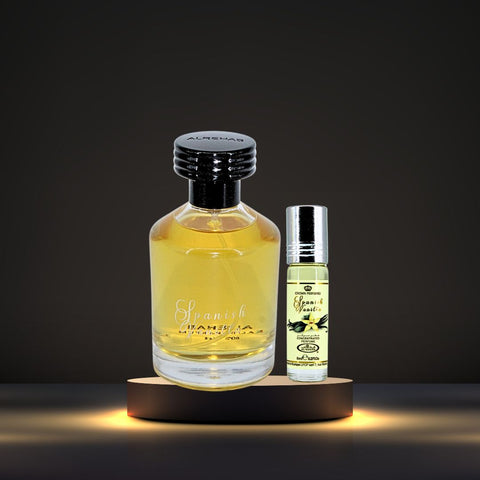 Spanish Vanilla EDP Spray 100ML (3.4 OZ) & Spanish Vanilla Perfume Oil CPO 6ML (0.2 OZ) By Al Rehab | A Luxurious Soft, Sweet Vanilla Fragrance. (DELUXE BUNDLE) - Intense Oud