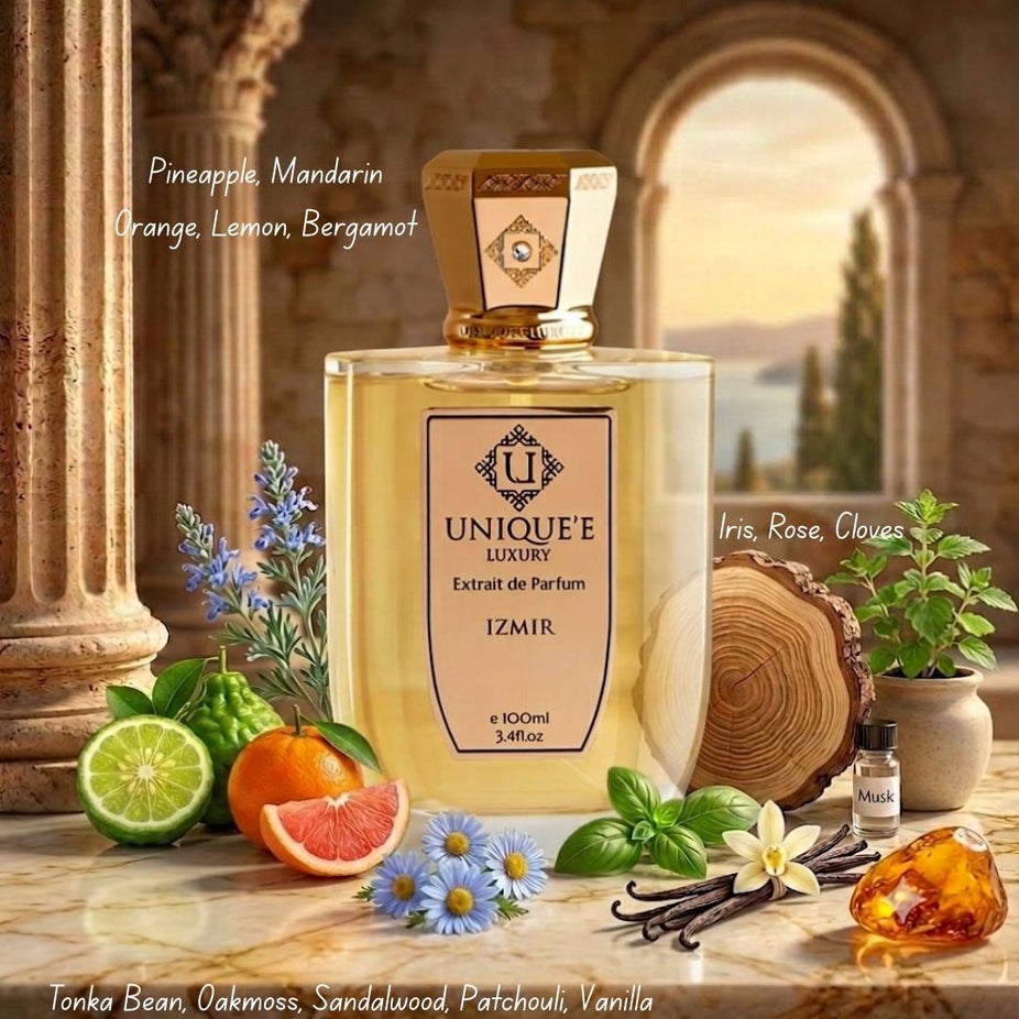 Izmir Extrait de Parfum Spray by Unique'e Luxury, 100ml EDP bottle with elegant packaging, showcasing a luxurious fragrance.