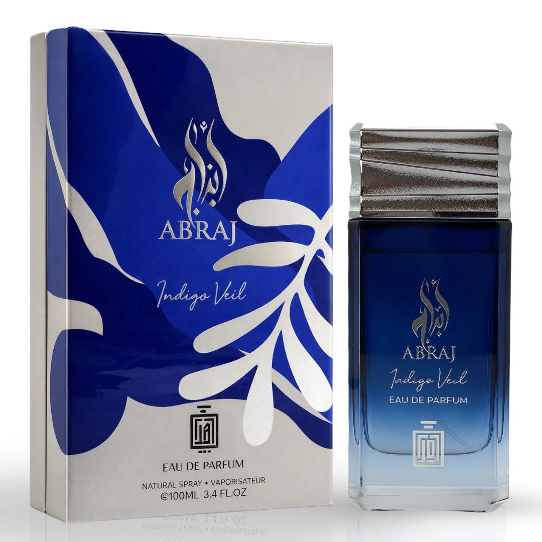Aura Fragrances bundle featuring Abraj Twilight Drape, Ruby Majesty, and Indigo Veil Eau De Parfum sprays in 100ml bottles.