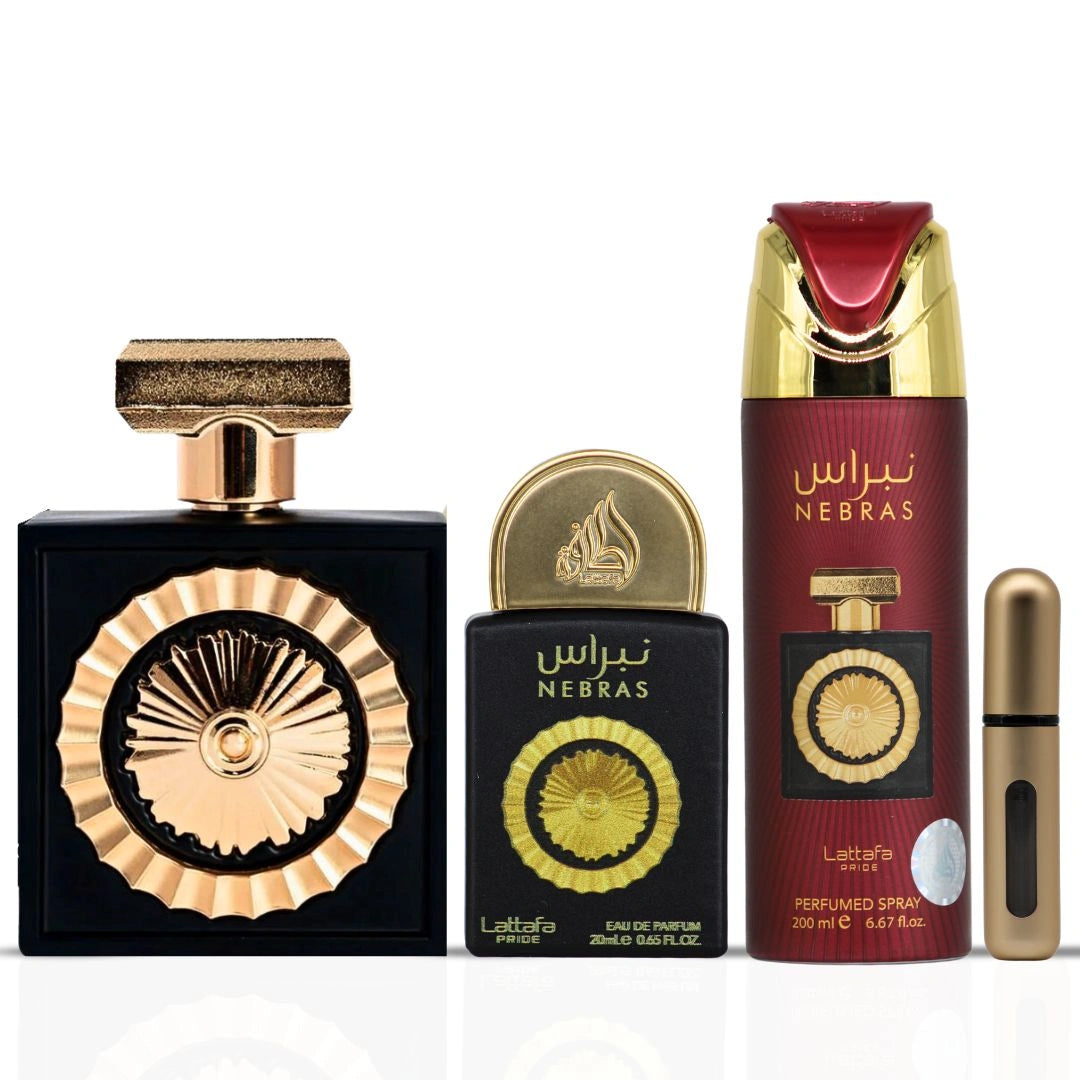 Lattafa Pride Nebras 3-Piece Eau de Parfum Gift Set | Juicy Berries Drizzled in Molten Chocolate (Gift Set) - Intense Oud