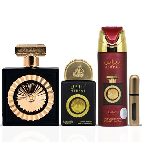 Lattafa Pride Nebras 3-Piece Eau de Parfum Gift Set | Juicy Berries Drizzled in Molten Chocolate (Gift Set) - Intense Oud