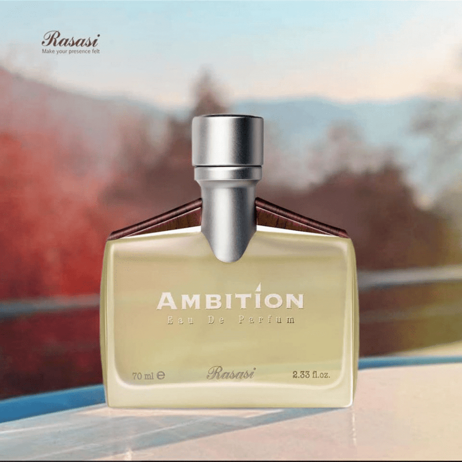 Rasasi Ambition for Men Eau De Parfum 70ml and Deodorant 150ml set, featuring sleek bottles and packaging.