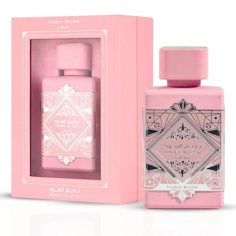 Bundle of 100ml Eau de Parfum sprays featuring Pink Blush by Ard Al Zaafaran, Noble Blush by Lattafa, and Caramel Toffee by Surrati.