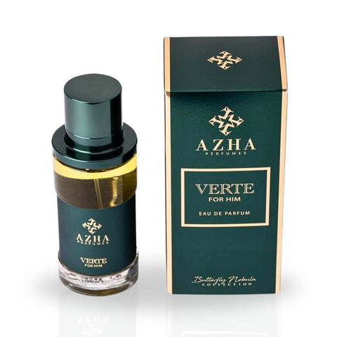Azha Verte For Him EDP spray 100ml, a men's Eau De Parfum with a sleek bottle design and a sophisticated fragrance.