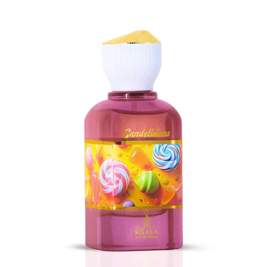 RISALA Candelicious Eau de Parfum Spray 100ml bottle with elegant floral design and black cap, showcasing the fragrance packaging.