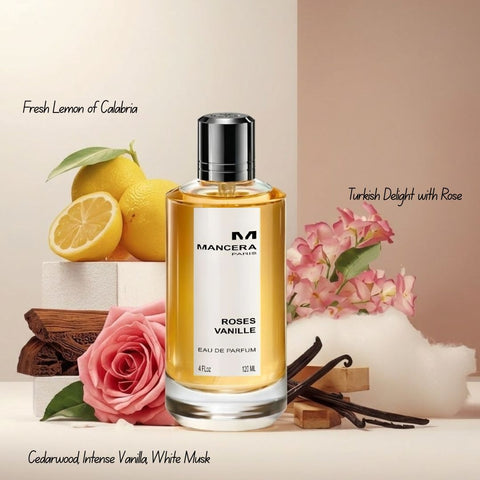 Roses Vanille Eau de Parfum spray by Mancera, 120ml bottle with elegant floral and vanilla fragrance design.