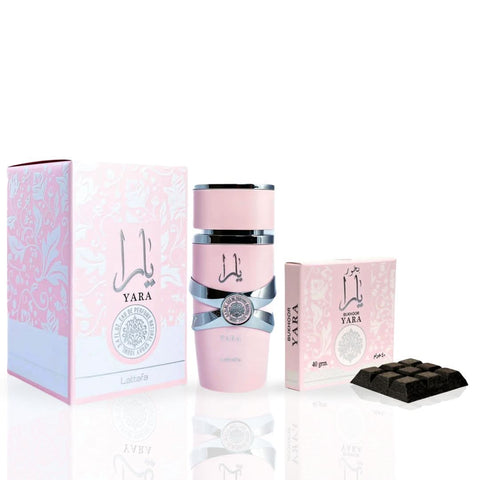 Lattafa Yara Eau de Parfum spray and Ard Al Zaafaran Yara Bukhoor in a bundle, featuring a 100ml perfume and 40gms bukhoor.