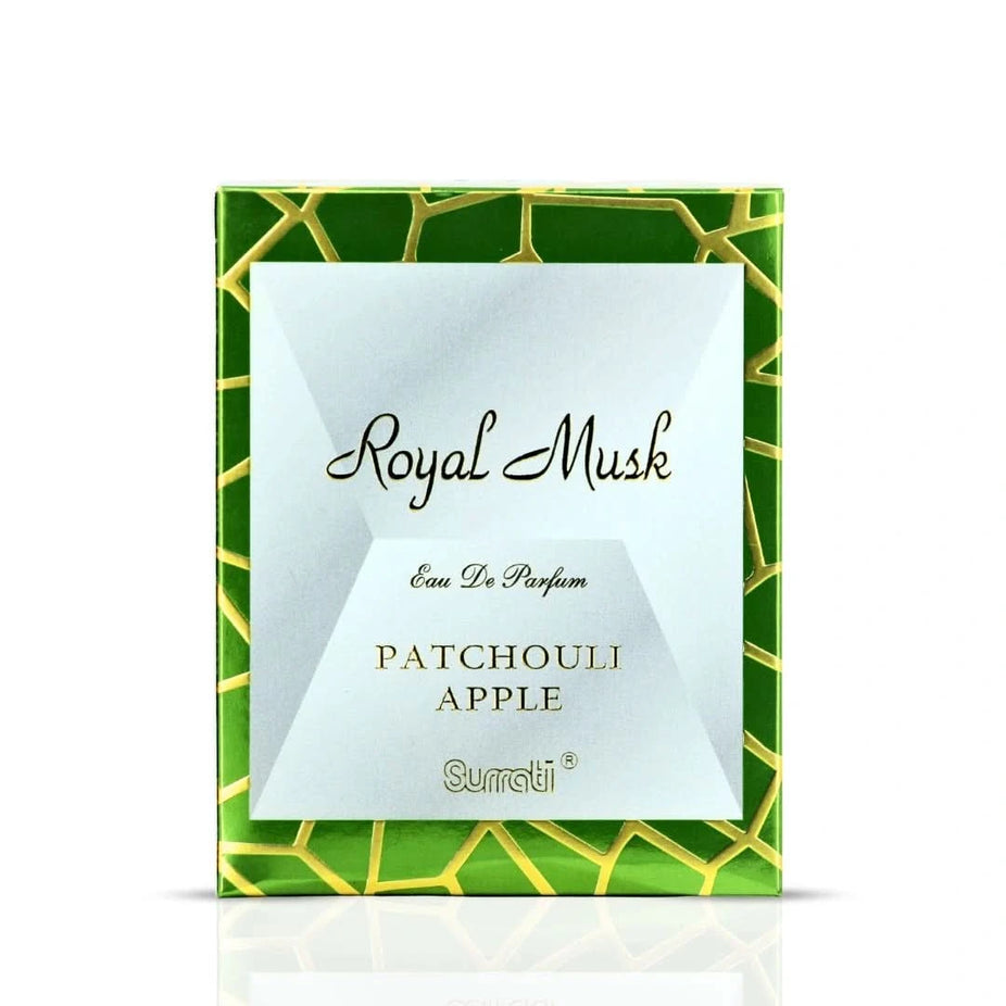 Surrati Royal Musk Patchouli Apple Eau de Parfum spray 100ml with elegant bottle and floral design, showcasing luxury fragrance.